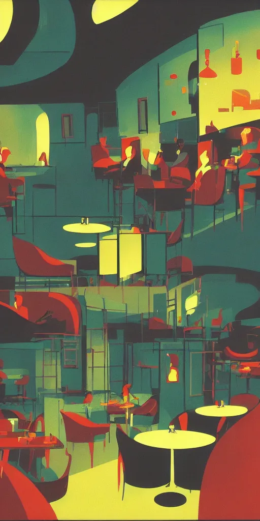 Prompt: cafe interior view, animated film, stylised, illustration, by eyvind earle, scott wills, genndy tartakovski