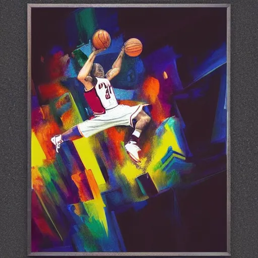 Prompt: “ abstract painting of a llama in a jersey dunking a basketball like michael jordan, shot from below, tilted frame, 3 5 °, dutch angle, extreme long shot, high detail, dramatic backlighting, indoors. in the background is a stadium full of people. ”