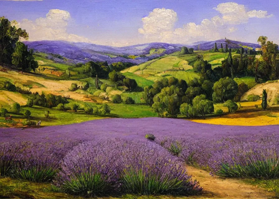 Prompt: lavander field in italian landscape, oil painting