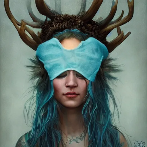 Image similar to A young female shaman, blue hair and antlers on her head. blindfolded, heilung, in the style of Heather Theurer, headshot photoshoot, insanely detailed and intricate, beautiful, elegant, cinematic toplight, portrait, headroom, artstation, karol bak