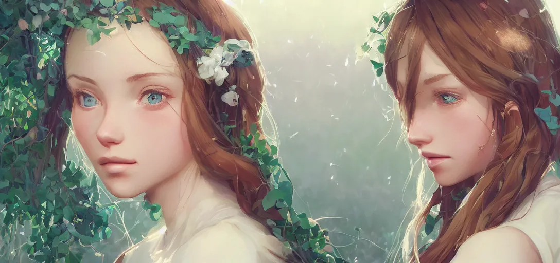 Image similar to a beautiful southern woman named Savannah, innocent, somber turquoise eyes, freckles, long ginger hair tied with white ribbon, sad under a wisteria plant, gentle lighting, storm in the distance, simple dress, digital art by Makoto Shinkai ilya kuvshinov and Wojtek Fus, digital art, concept art,