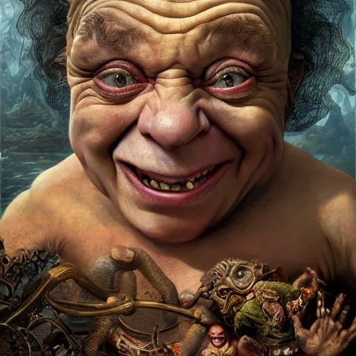 Prompt: Danny Devito as Mystical Gollum, Realistic, Regal, Refined, Detailed Digital Art, Michael Cheval, Walt Disney (1937), François Boucher, Oil Painting, Steampunk, Highly Detailed, Cinematic Lighting, Unreal Engine, 8k