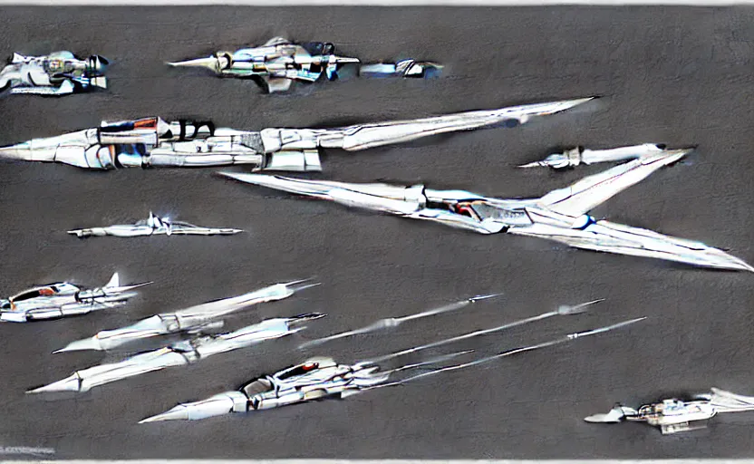 Image similar to pencil concepts or sketchs, with multiple proposals, for spaceship model of a jetfighter, scifi, gradius, ikaruga