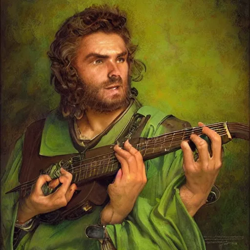 Image similar to racoon bard wearing green tunic holding guitar closeup portrait art by donato giancola and greg rutkowski, vintage retro, realistic face, digital art, trending on artstation, symmetry!!