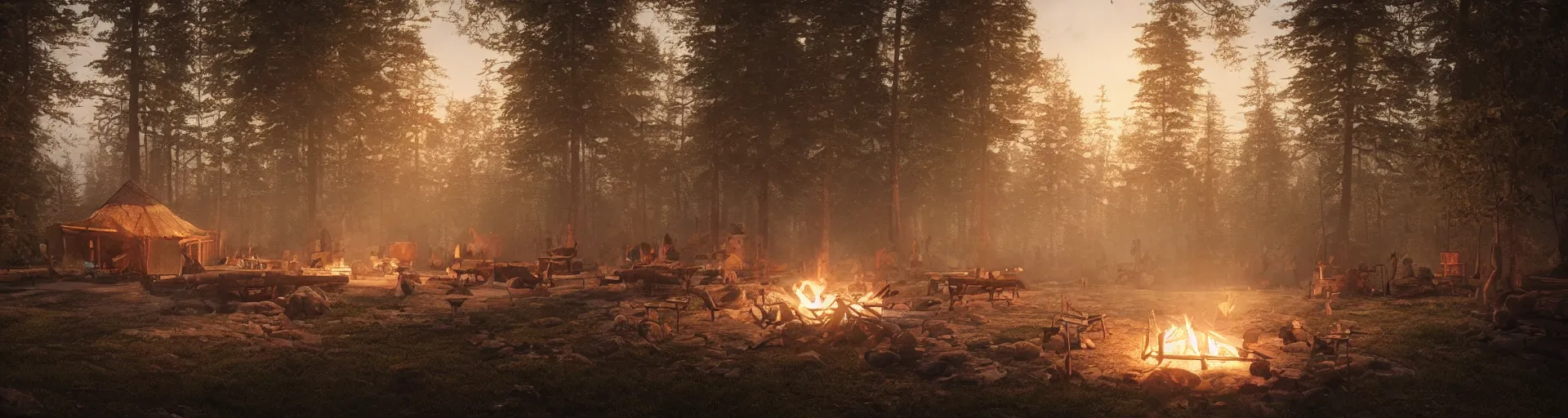 Image similar to longhouse, campfire, teepee, very detailed, octane render, realistic, 8 k, unreal engine 5, dramatic, volumetric, mountain, morning, greg rutkowski