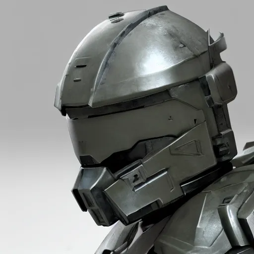Prompt: a heavily armored soldier wearing a helmet resembling a birdcage, halo inspired, realistic octane render