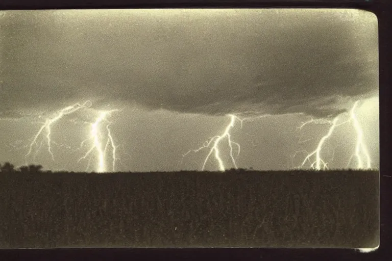 Prompt: dark old polaroid of an lightning strike hitting a corn field during a thunderstorm, pictorialism, desolate