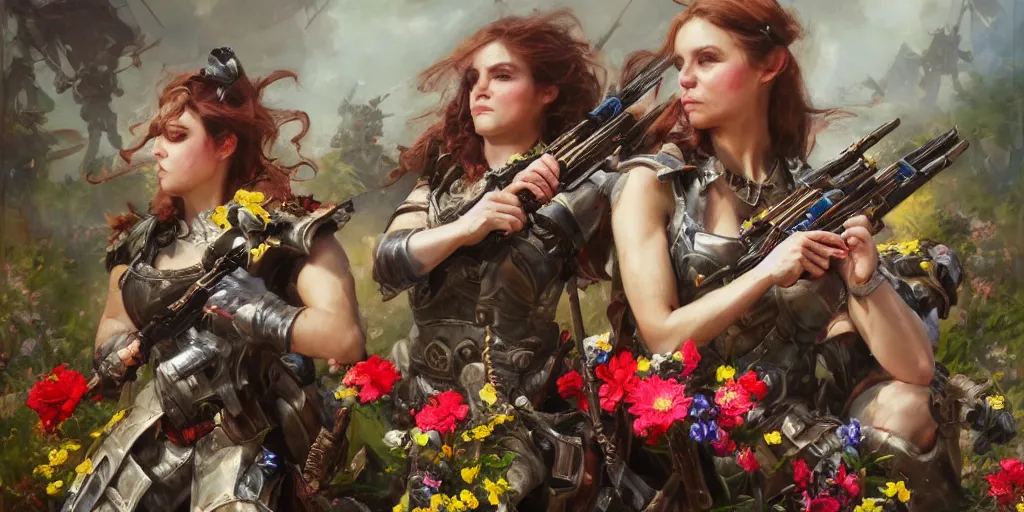 Image similar to warhammer battle sisters aiming their rifles at a bouquet of flowers. by Daniel F. Gerhartz, hyperrealistic oil painting, 4k, studio lightning, very detailed, rtx on