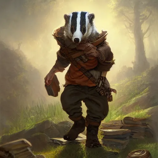 Prompt: a detailed portrait of a badger librarian dressed with old clothes, by justin gerard and greg rutkowski, digital art, realistic painting, dnd, character design, trending on artstation