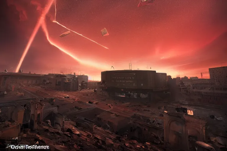 Image similar to meteorites fall from the red sky upon a crumbling football stadium, crowds panic, cinematic lighting by Jessica Rossier, stunning volumetric lighting, photorealistic, hyper detailed, unreal engine 5, IMAX quality, cinematic, epic lighting