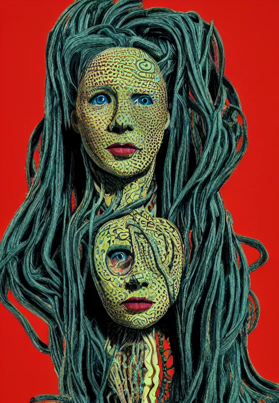 Prompt: perfectly centered portrait, front view of a beautiful biomechanical medusa, female, flowing hair, intense stare, sarcastic smile, symmetrical, concept art, intricate detail, volumetric shadows and lighting, realistic oil painting by picasso by kusama yayoi award - winning art, andy warhol color, dramatic light, octane render,