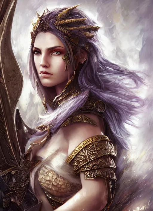 Image similar to a beautiful female warrior, 8 k, hyperrealistic, dragon slayer, hyperdetailed, fantasy portrait by laura sava