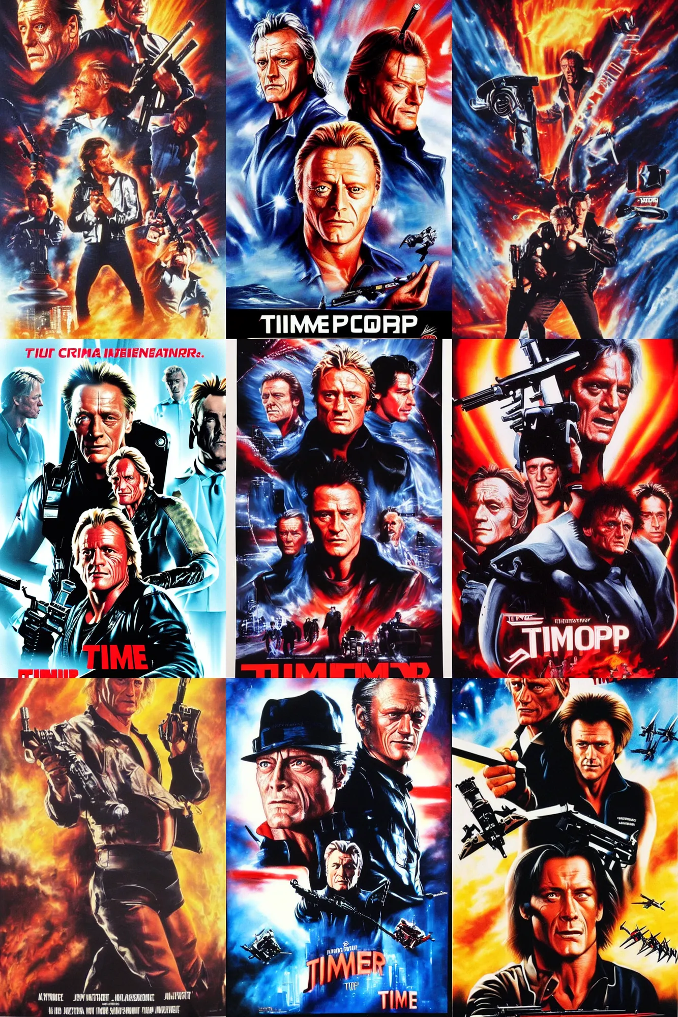 Prompt: movie poster for timecop academy, starring ( jcvd ), rutger hauer!, lance henriksen!, jeff fahey!!, airbrushed artwork, big heads, explosions, supporting characters, dramatic expressions