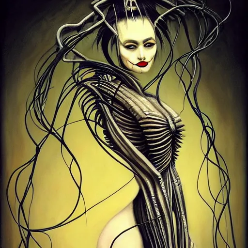Prompt: beautiful painting of a malevolent poisonous geisha whose fingers are needles and vines in the style of Welder Wings and H. R. Giger. Dark background, detailed, trending on Artstation