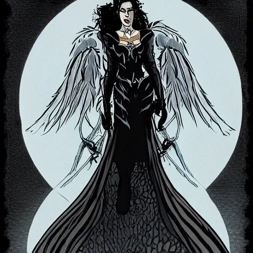 Image similar to Jennifer Connelly as dark angel gothic atompunk evil Disney villain queen with black feather hair, feathers growing out of skin, in front of space station window, Mike mignola, trending on artstation, comic book cover, illustration