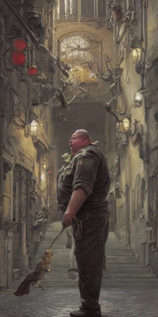 Image similar to fat old drunk guard, detailed, centered, digital painting, artstation, concept art, donato giancola, Joseph Christian Leyendecker, WLOP, Boris Vallejo, Breathtaking, 8k resolution, extremely detailed, beautiful, establishing shot, artistic, hyperrealistic, beautiful face, octane render, cinematic lighting, dramatic lighting, masterpiece