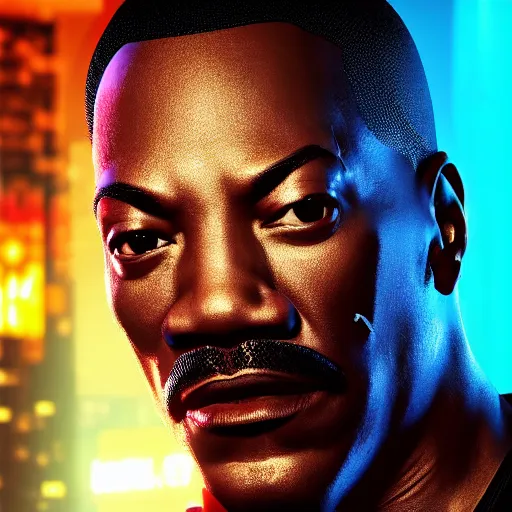 Image similar to eddie murphy portrait, Cyberpunk 2077, cyberpsycho, photorealistic, ultra detailed, neon, octane, bokeh, cyber, cyberpunk city, feature, scars, cyberface, 8k