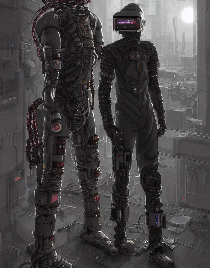 Image similar to realistic cyberpunk japanese engineer with long limbs and a black spacesuit carrying welder, techwear, dead space, visible face, Industrial Scifi, detailed illustration, character portrait, by Martin Grip and Moebius