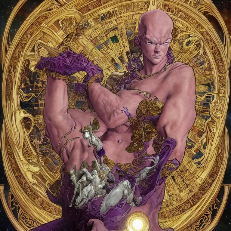 Prompt: portrait of Frieza by Jeff Easley and Peter Elson + beautiful eyes, beautiful face + symmetry face + border and embellishments inspiried by alphonse mucha, fractals in the background, galaxy + baroque, gothic, surreal + highly detailed, intricate complexity, epic composition, magical atmosphere + masterpiece, award winning + trending on artstation