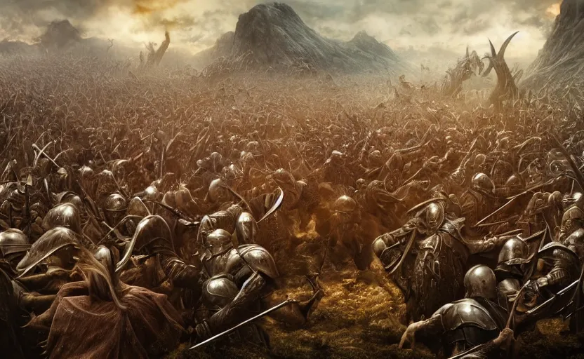 Image similar to realistic photograph of the battle of the pelennor fields, detailed, by erwin olaf, joop geesink, lisa frank, hr giger, beksinski, brian froud, 8 k resolution, beautiful lighting, studio light, extremely detailed, establishing shot, realistic materials, hyperrealistic