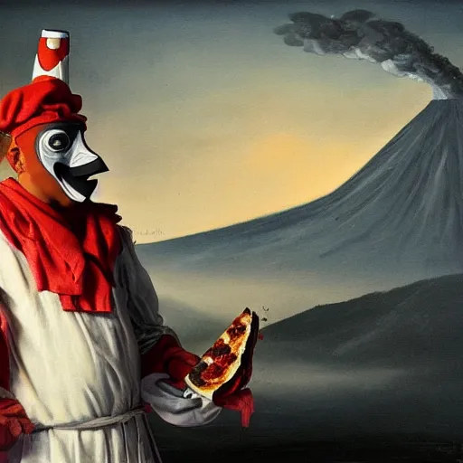 Image similar to a highly detailed pulcinella with a pizza margherita, black mask, full body, volcano in background, lava and smoke, ominous, detailed painting by arturo faldi, trending on deviantart, octane, masterpiece, masqua