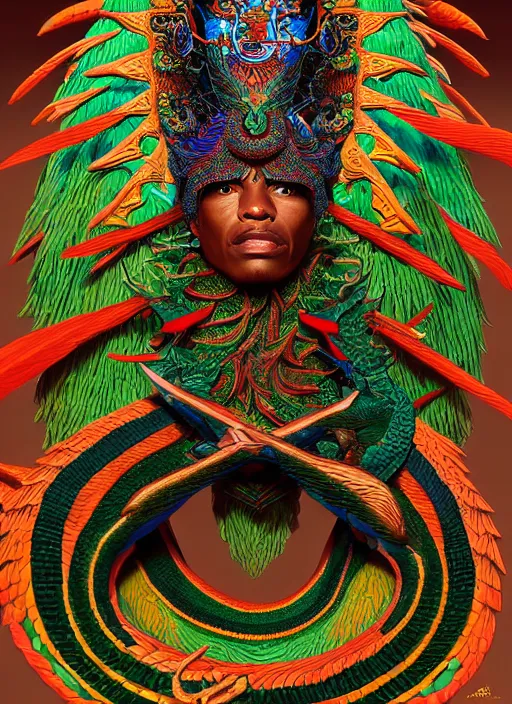 Image similar to : Quetzalcoatl shamen fantasy, fantasy magic, , intricate, sharp focus, illustration, highly detailed, digital painting, concept art, matte, jahbu art and Paul lewin and kehinde wiley, masterpiece