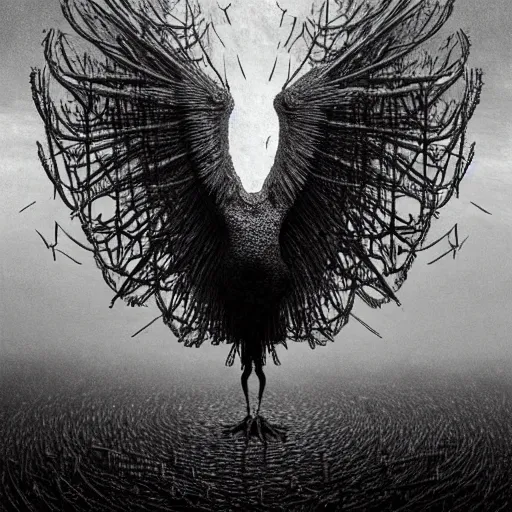 Image similar to horrifying mutant bird made of electricity fused with thousands of birds, thousand heads, mutilated, horror, blood, heavy damage, post apocalyptic, dystopian surrealism, grey, zdzisław beksinski, sad atmosphere, volumetric light, style giger, alex ries, symmetry accurate features, symmetry accurate features, very intricate details, high resolution, intricate