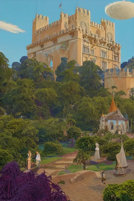 Image similar to view of the white tower of the moon in its gardens after a storm, fairytale illustration, tall windows, beautiful moorish tiles, dramatic cinematic lighting, rich colors, golden age illustration, by Sylvain Sarrailh and Nicholas Roerich and Ludwig Deutsch, unreal engine