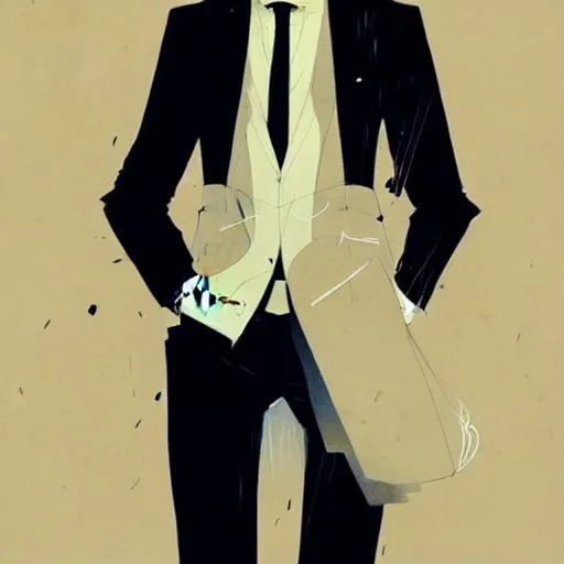 Image similar to a ultradetailed portrait painting of a stylish man wearing suit outfit, by conrad roset, greg rutkowski and makoto shinkai trending on artstation