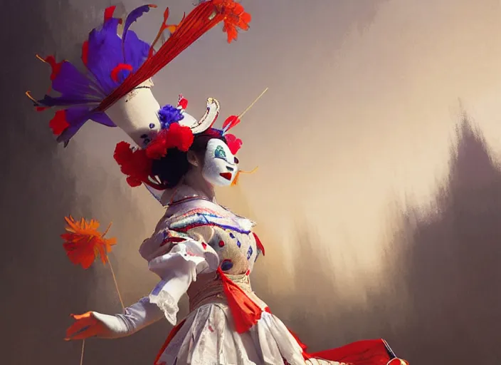 Prompt: award winning digital art of a magnificent pierrot jester wearing a traditional pierrot outfit, performing at a magnificent carnival, beautiful background, trending artstation, digital art, aesthetic, bloom, intricate, elegant, sharp focus, digital illustration, highly detailed, octane render, digital painting, concept art, art by ruan jia and greg rutkowski and sachin teng, masterpiece