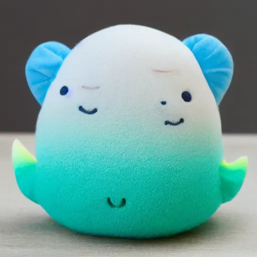 Prompt: a soft ombre blue green stuffed octopus, squishmallow face, squishmallows, smiling, round