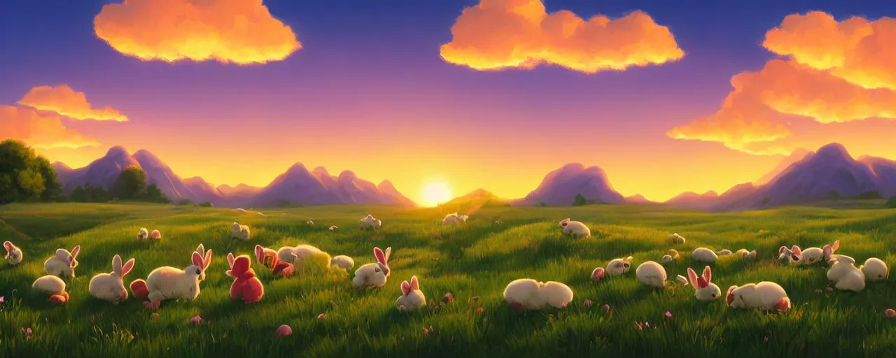 Prompt: cotton bunnies hopping around in a beautiful nature landscape with clouds, mountains, in background, sunset, by rhads