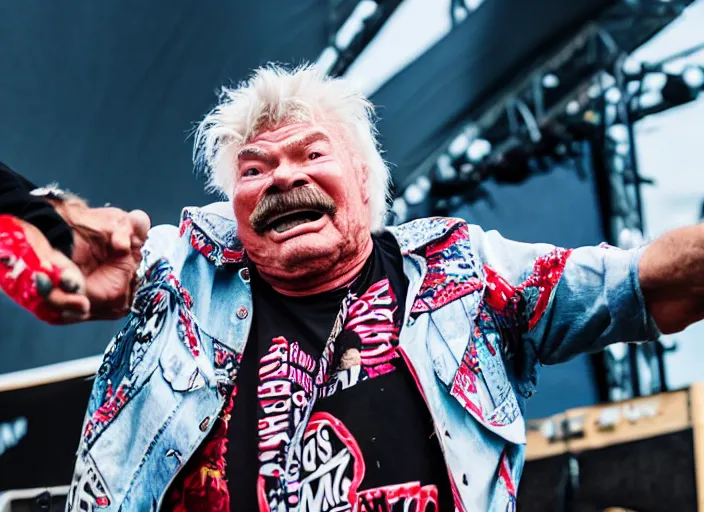 Prompt: photo still of rip taylor at vans warped tour!!!!!!!! at age 6 3 years old 6 3 years of age!!!!!!! stage diving at a crowd, 8 k, 8 5 mm f 1. 8, studio lighting, rim light, right side key light