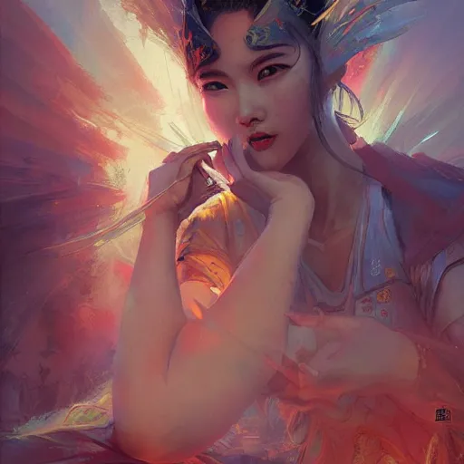 Image similar to chinese goddess emperess mulan in the style of craig mullins, greg rutkowski, peter mohrbacher, and drew struzan. epic, majestic, awe inspiring, god rays, fissures, divine, church painting, intricate armor, extreme detail, high octane, cartoonish