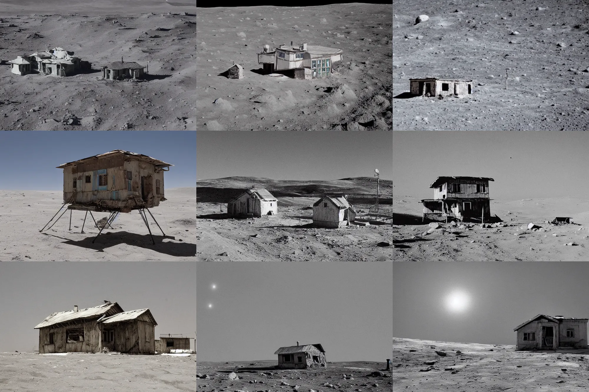 Prompt: an old rickety Soviet village house stands alone on the moon