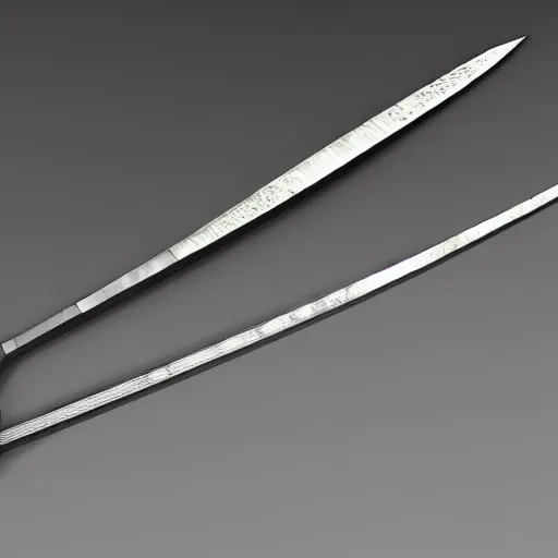 Image similar to a 3d model of a long sword in the center, with dragon like handle