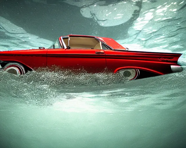 Image similar to red 1 9 5 8 plymouth fury submerged under water, cinematic, photoreal, by red dead redemption 2