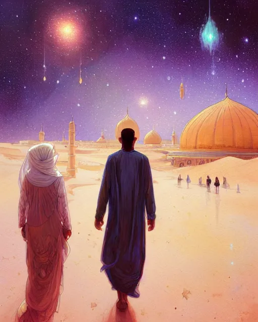 Image similar to bedouin man and woman and child in galaxy walking towards mosque surrounded by nebula, highly detailed, gold filigree, romantic storybook fantasy, soft cinematic lighting, award, disney concept art watercolor illustration by mandy jurgens and alphonse mucha and alena aenami, pastel color palette, featured on artstation