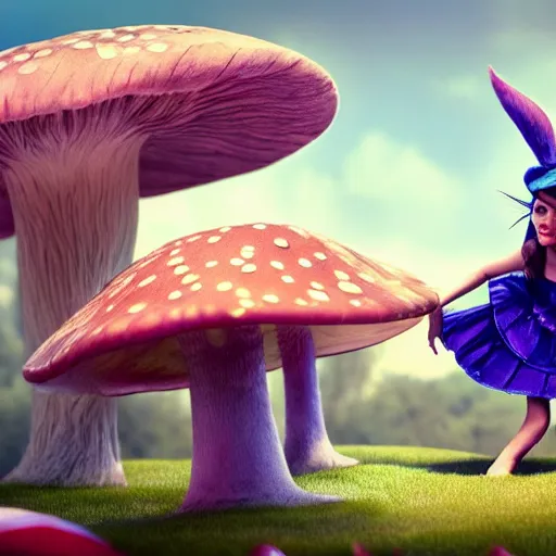 Image similar to Angelina Jolie as Alice in Wonderland talking to the Cheshire Cat that is sitting on a beautiful mushroom, hyperrealistic, highly detailed, depth of field, High definition, 8k, octane render, artstation