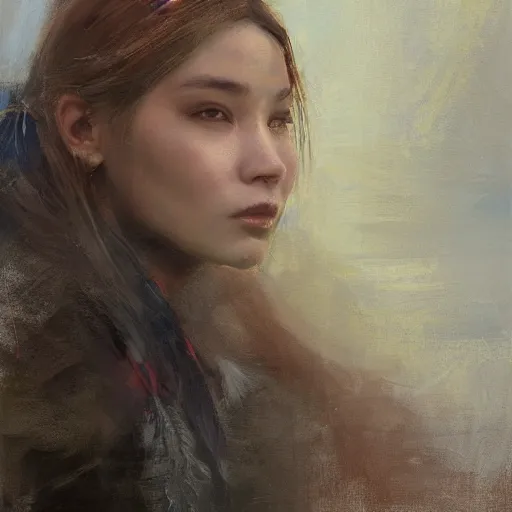 Image similar to Richard Schmid and Jeremy Lipking and antonio rotta, full length portrait painting of Yuna from Final Fantasy