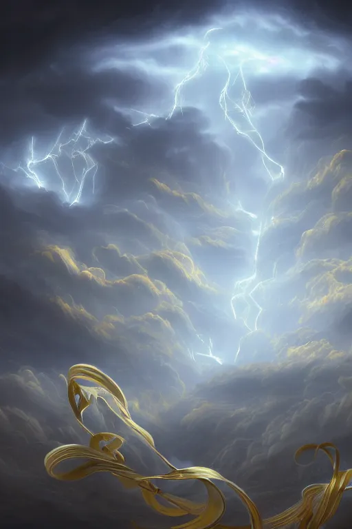 Prompt: Storm of white ribbons and gold scrolls. Clouds, lighting. Fantasy, digital painting, HD, 4k, detailed, vibrant.