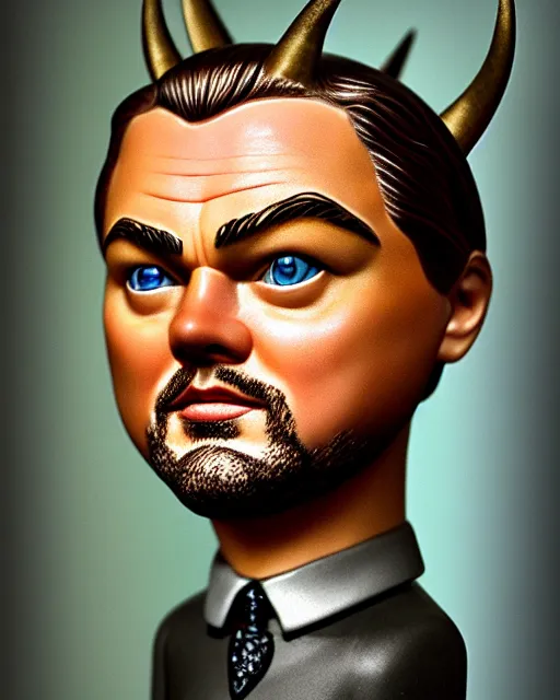 Image similar to highly detailed closeup, face profile portrait of a tin toy leonardo dicaprio as a medieval demon with horns eating cakes in a castle, hyper realistic, artstation, illustration, nicoletta ceccoli, mark ryden, lostfish, dan decarlo, bob clampett, max fleischer, digital paint, matte paint, vivid colors, detailed and intricate environment