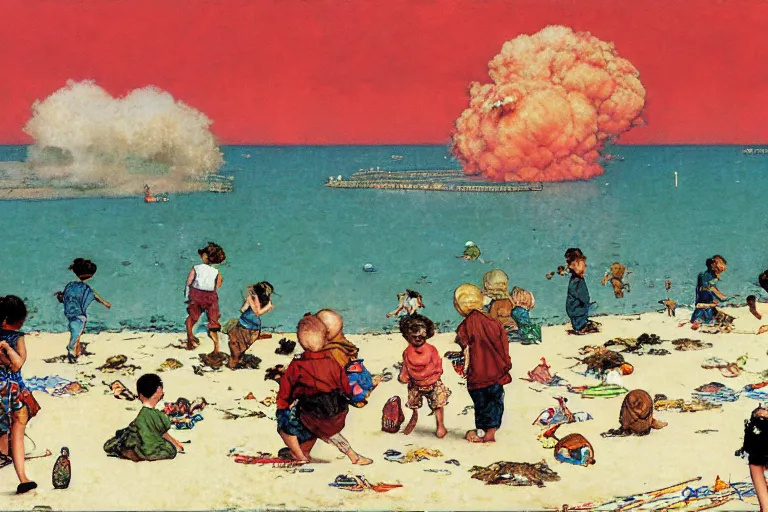 Image similar to children playing at the beach, huge atomic explosion in the background, wide angle shot, oil on canvas by norman rockwell, by mattias adolfsson, by moebius and satoshi kon, hd, 4 k, high quality,