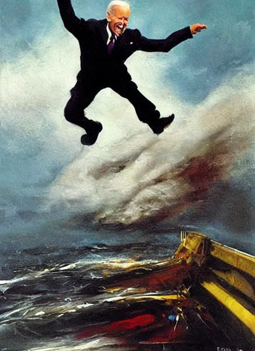 Image similar to joe biden jumping off of ship, drowning, propaganda art, water crashing, water rushing lungs, fear!!!!!! scary, painting by phil hale, fransico goya,'action lines '!!!, graphic style, visible brushstrokes, motion blur, blurry, visible paint texture, crisp hd image