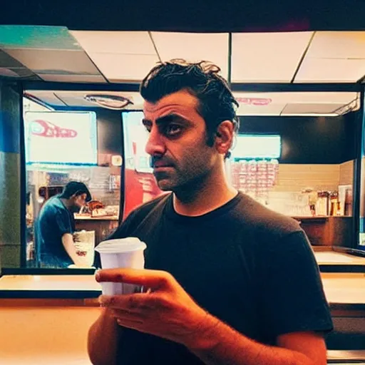 Prompt: A medium shot, cameraphone, indoors photography of Oscar Isaac in a taco bell offering a cigarette, golden hour, facebook post 2012