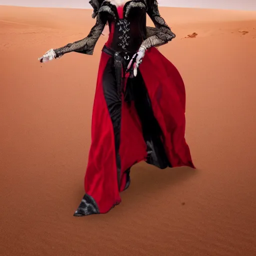 Image similar to An alluring vampire queen wearing a red pendant walks out of a tomb in the Sahara