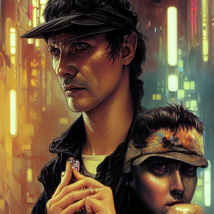 Image similar to excellent painted portrait of a replicant street vendor from blade runner (1982), cyberpunk blade runner art, character artwork, 8k resolution artwork, trending on artstation, detailed oil painting portrait, art by artgerm and greg rutkowski and alphonse mucha and craig mullins and James Jean and Andrei Riabovitchev and Marc Simonetti and peter mohrbacher, matte painting