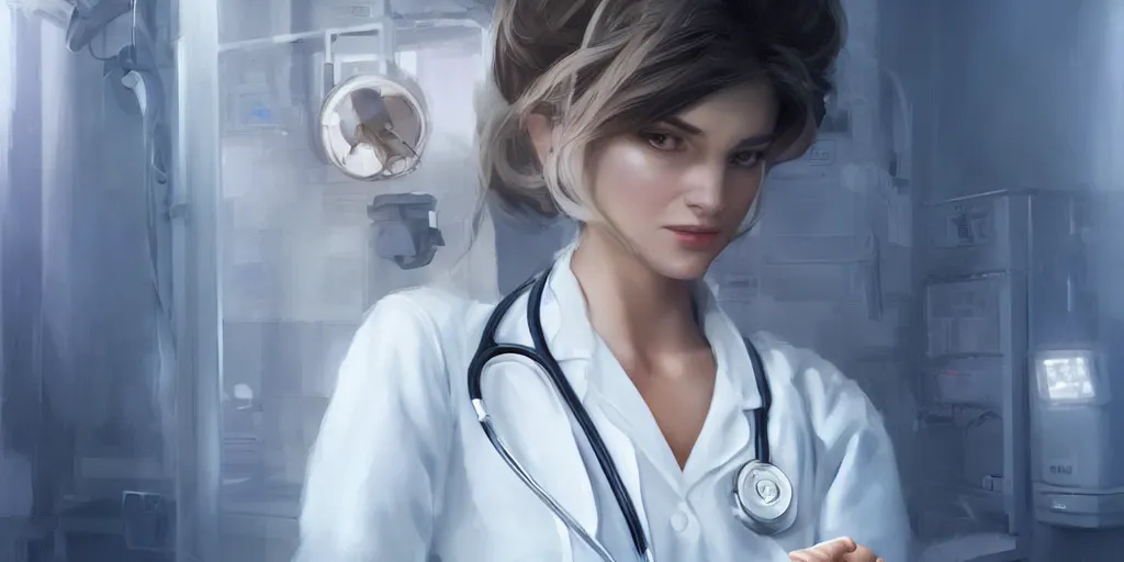 Image similar to an elegant and beautiful female doctor in a white coat working in a hospital ward, cinematic, highly detailed, digital painting, artstation, concept art, matte, sharp focus, illustration, art by artgerm and greg rutkowski