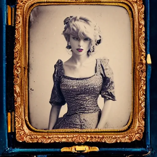 Image similar to daguerreotype of taylor swift wearing southern belle clothes, very detailed, very intricate,