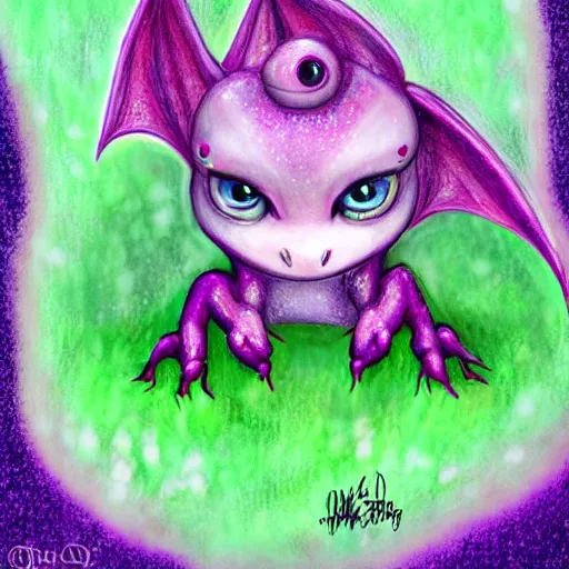 Prompt: adorable baby dragon, the dragon is purple and glittery, big eyes, fantasy concept art, pastels, ethereal fairytale, kawaii